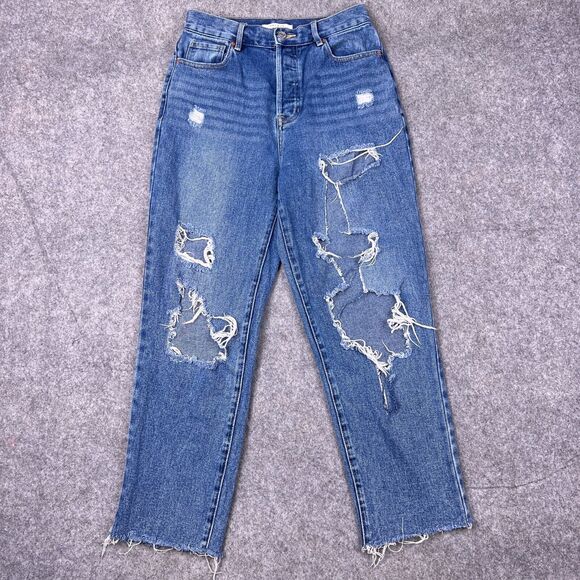 PacSun Jeans Womens 27 Blue High‎ Rise Straight Distressed Raw Hem Button Fly - Picture 1 of 14
